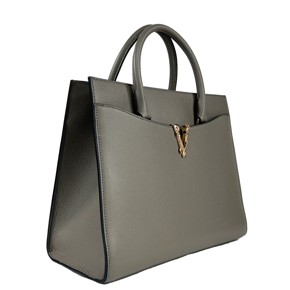 Versace Virtus Medium Top Handle Bag – Taupe Leather